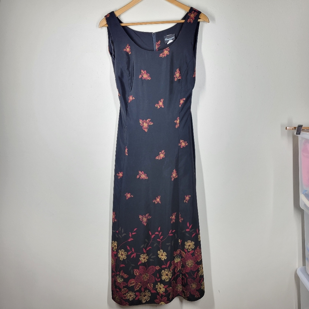 Vintage 90s Y2K Cimmaron Black Red Floral Sleeveless Midi Dress 14 READ